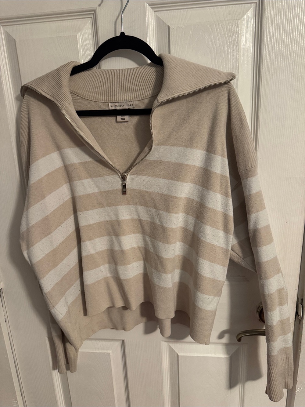 Sincerely Jules Beige and White Striped Half-Zip Sweater